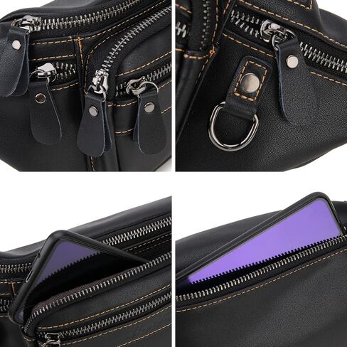حقيبة خصر من الجلد الطبيعي من Fanny Pack للرجال والنساء، حقيبة Loyofun Vintage Hip Bum مع 6 جيوب بسحاب للسفر في الهواء الطلق والمشي لمسافات طويلة والجري (أسود) in Kuwait