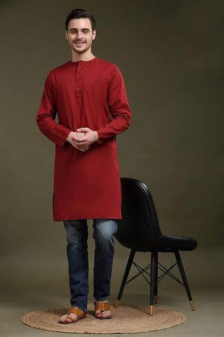 SKAVIJ Men's Casual Cotton Solid Long Kurta Regular Fit Shirt in Saudi Arabia