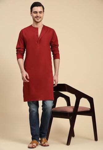 SKAVIJ Men's Casual Cotton Solid Long Kurta Regular Fit Shirt in Saudi Arabia