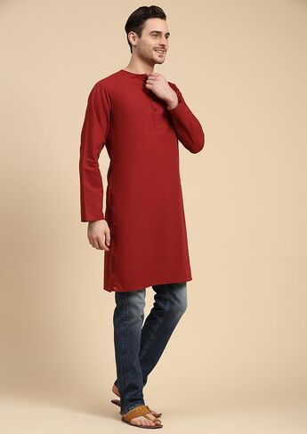 SKAVIJ Men's Casual Cotton Solid Long Kurta Regular Fit Shirt in Saudi Arabia