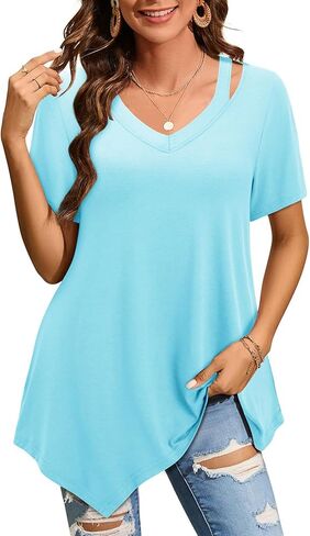 Bulotus Womens Summer Short Sleeve Tunic Dressy Casual Spring 3 4 Sleeve Shirt Cut Out V Neck Long Tops Beach Vacation in Kuwait