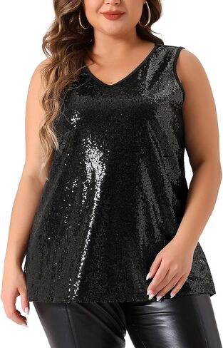 Agnes Orinda Plus Size Tops for Women Sleeveless Sparkle Shimmer Glitter Sequin V Neck Tank Top in Kuwait