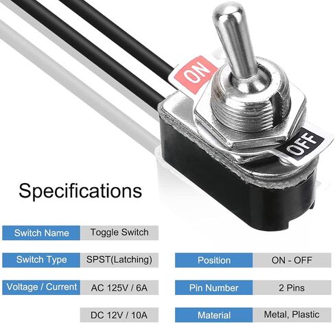 تبديل التبديل SPST الإغلاق 6A 125VAC /10A 12VDC 2 موقف تشغيل / إيقاف مع سلك 13 سم، 5 قطع مفتاح ذراع الروك للإضاءة في حالات الطوارئ التطبيق الإلكتروني للسيارة in Saudi Arabia