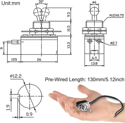 تبديل التبديل SPST الإغلاق 6A 125VAC /10A 12VDC 2 موقف تشغيل / إيقاف مع سلك 13 سم، 5 قطع مفتاح ذراع الروك للإضاءة في حالات الطوارئ التطبيق الإلكتروني للسيارة in Saudi Arabia
