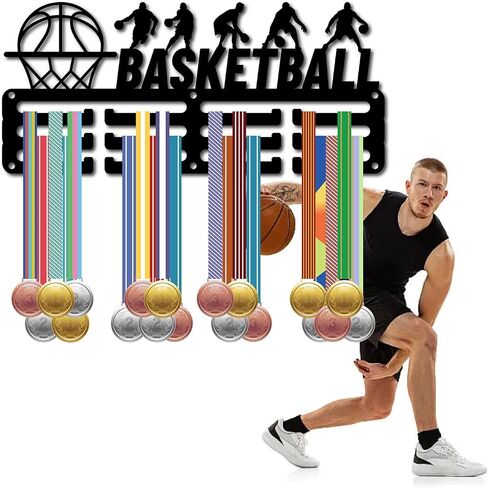 CREATCABIN Basketball Medal Hanger Display Medal Holder Rack Sports Metal Hanging Awards Iron Small Mount Decor Awards for Wall Home Badge Race Runner Marathon Medalist Black Athlete 11.4 x 5.1 Inch in Kuwait
