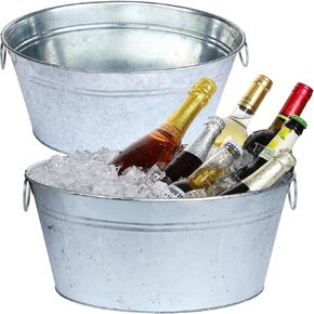 4 Gallon Galvanized Tub Ice Bucket for Parties, 2pcs Galvanized Bucket Beverage Tub Large Metal Bucket with Handles, Tin Beverage Tub Wine Beer Drink Tub Cooler for Cocktail Bar (Galvanized Buckets)