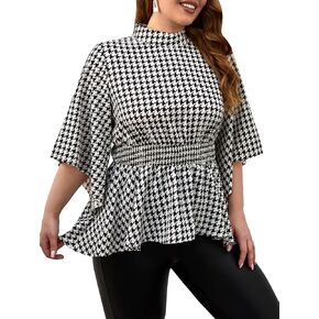 WDIRARA المرأة حجم كبير Houndstooth طباعة منقوشة كشكش هيم عالية الرقبة مضيئة نصف كم بلوزة عادية بلايز