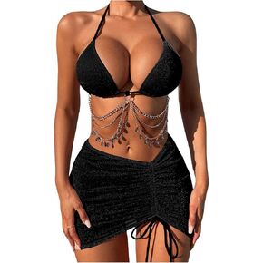 COZYEASE Women's 3 Piece Bikini Set Backless Halter Neck Triangle Chain Swimsuit Set with Beach Skirt Set in Kuwait