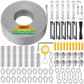 220 FT 1/8" Wire Rope Kit, 304 Stainless Steel Wire Cable with M5 Turnbuckles for Cables Wire, Vinyl Coated String Lights Hanging Wire for Outdoor, Camping, Trellis, Garden, Kitchen, Curtain, Festival