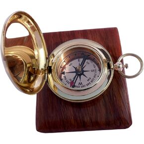 Handmade Brass Push Open Compass with Rose Wood Case, Pocket Compass for Hiking Rustic Vintage Home Decor Gifts