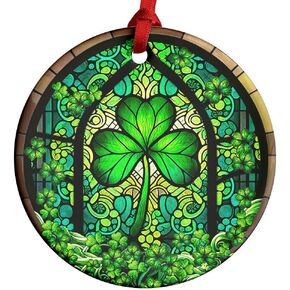 Irish St. Patrick's Day Gaux Effect Stained Ceramic Ornament, Irish Blessing Keepsafe Gift, Suncatcher Hanging Ornament for Irish Family Friends, Lucky Leprechaun