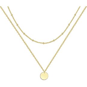 Harlorki Dainty Simple 14K Gold Plated Layered Link Chain Shiny Round Circle Pendant Necklace Fashion Jewelry for Women Lady