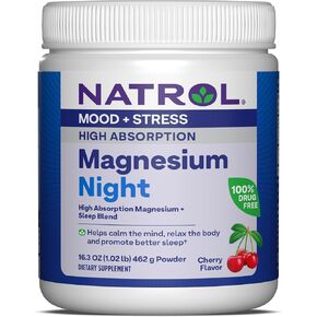 Natrol Mood + Stress High Absorption Night Magnesium Carbonate and Magnesium Glycinate 325mg with a Blend of Glycine, GABA, Lemon Balm and Melatonin, 16.3 OZ Cherry-Flavored Powder, 60 Day Supply