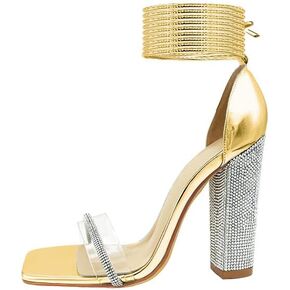 Women's Rhinestone Heels Sandals Ankle Strappy Sparkly Chunky Heels Sandals