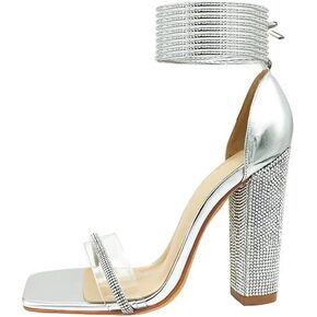 صنادل نسائية بكعب مرصع بأحجار الراين صندل بكعب مكتنز وأربطة للكاحل in Kuwait