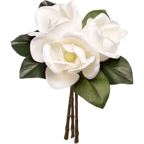 3 Stems Real Touch White Southern Magnolia Flowers, Artificial Realistic Magnolia Grandiflora for Home Décor