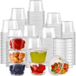 Fit Meal Prep 100 Pack 1 oz Jello Shot Cups with Lids, Disposable Souffle Portion Cups for Sauce
