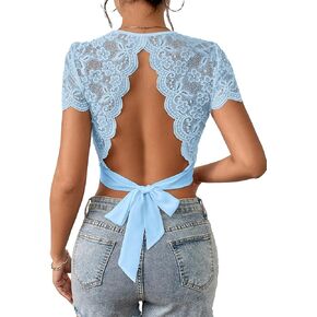 Milumia Women's Scallop Trim Backless Lace Crop Top Short Sleeve Solid Tie Back Crop Tee