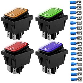 4Pcs 110V-220V AC 4 Pins 2 Position Waterproof DPST Rocker Switch, ON/Off Illuminated Toggle Switch with 16pcs Wire Connector(Red/Blue/Yellow/Green LED Light)