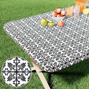 misaya Rectangle Vinyl Table Cloth, Elastic Fitted Flannel Backed Tablecloth, 100% Waterproof Plastic Table Cover Fits 6 Foot Folding Tables for Picnic, Camping, Outdoor (Black, 30" x 72")