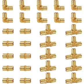 1/2 inch pex tee fitting, brass coupling adapts water pipes connect pvc tubing quick press barb into crimp ring manifold push into hose.(24 pcs)