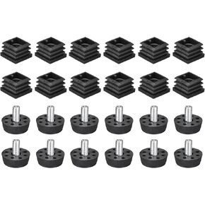 uxcell 4Pcs Inserts for Square Tubes with Leveling Feet, for 0.98"x0.98" OD Square Tube, Adjustable 10-14mm M8 Thread Black Plastic Furniture Chair Leg Plug Blanking End Caps Insert