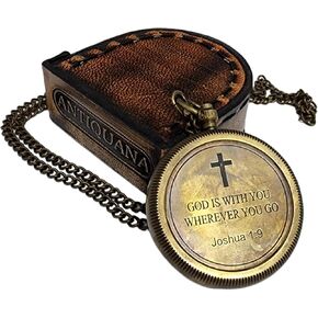 Brass Compass Unique Print 'GOD is with Yout' Engraved Compass with Leather Case and Chain A Great Gift Item for Your Loved Ones