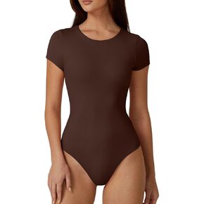 QINSEN Women's Crew Neck Short Sleeve Bodysuit Double Lined Body Suits Basic T-shirt Tops