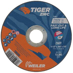 Weiler 58000 4-1/2 Inch Cutting Wheel, Tiger Zirc Steel/Metal Fast Cut & Long Life High Performance Cutting, .045" Z60T Type 1 7/8" Arbor, Pack of 25