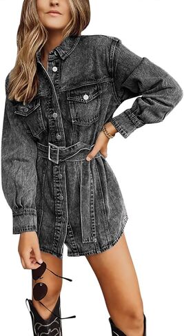 Paintcolors المرأة عارضة جان سترة طويلة الأكمام مربوط زر حتى التلبيب المتعثرة الدنيم سترة المتضخم قميص Shake in Kuwait