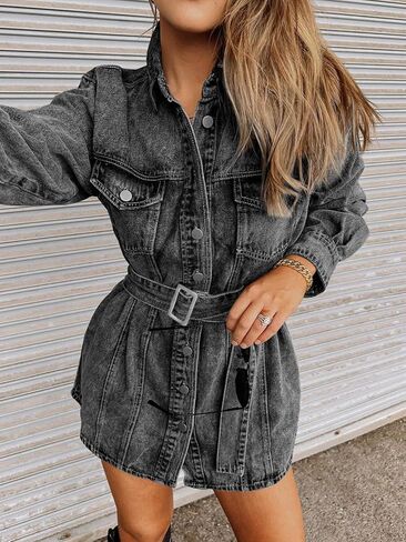 Paintcolors المرأة عارضة جان سترة طويلة الأكمام مربوط زر حتى التلبيب المتعثرة الدنيم سترة المتضخم قميص Shake in Kuwait