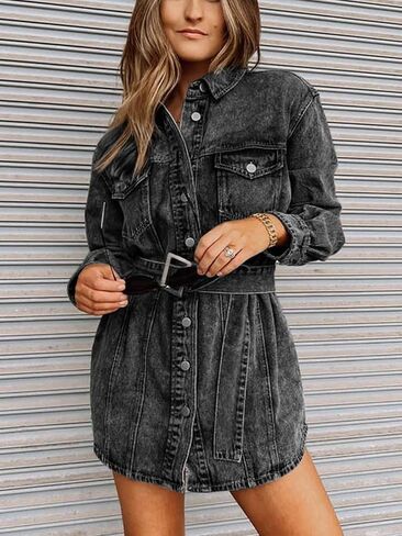 Paintcolors المرأة عارضة جان سترة طويلة الأكمام مربوط زر حتى التلبيب المتعثرة الدنيم سترة المتضخم قميص Shake in Kuwait