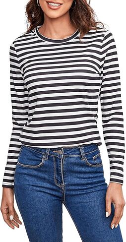 SOLY HUX Women's Striped Long Sleeve Shirts Graphic Print Tees Casual Round Neck T Shirts in Saudi Arabia