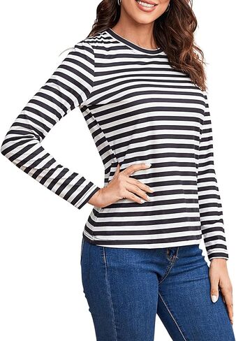 SOLY HUX Women's Striped Long Sleeve Shirts Graphic Print Tees Casual Round Neck T Shirts in Saudi Arabia