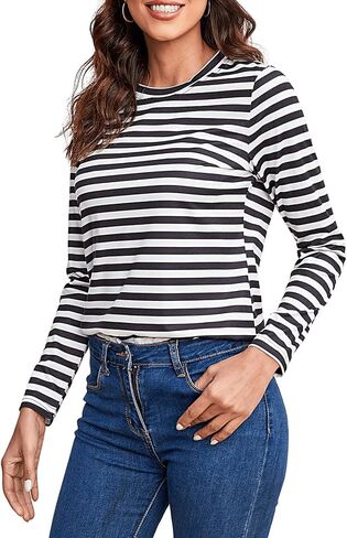 SOLY HUX Women's Striped Long Sleeve Shirts Graphic Print Tees Casual Round Neck T Shirts in Saudi Arabia