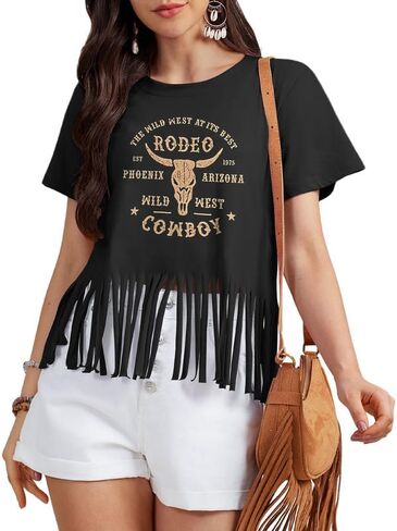تي شيرتات نسائية برسومات جرافيك قمصان غربية كلاسيكية راعية البقر ذات هامش قميص ريفي للحفلات الموسيقية بأكمام قصيرة in Kuwait