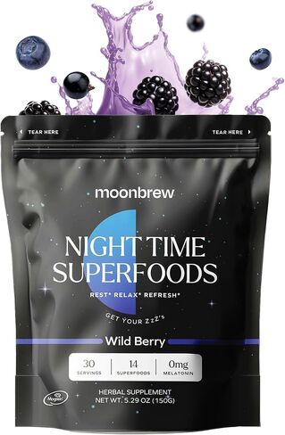 MoonBrew Magnesium Wild Berry: مساعد طبيعي للنوم خالٍ من الميلاتونين | 14 نوعًا من الأطعمة الفائقة التي تحتوي على جليسينات المغنيسيوم والمُكَوِّنات | كيتو ونباتي | استمتع بالسخونة أو البرودة - 30 حصة in Saudi Arabia