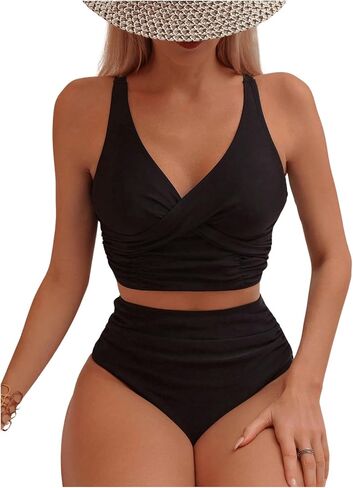 GORGLITTER Women's 2 Piece Ruched Swimsuit High Waist Bikini Set Twist Front Wrap Wireless Bra Bathing Suit in Saudi Arabia