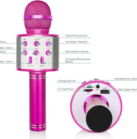 Wireless Bluetooth Microphone Karaoke for Kids, 5-in-1 Portable Handheld Karaoke Mic Speaker Player Recorder with Adjustable Remix FM Radio for Kids Girls Boys Teens Birthday (Pink) in Saudi Arabia