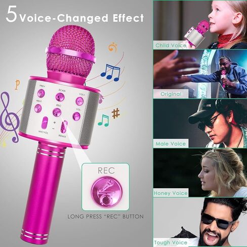 Wireless Bluetooth Microphone Karaoke for Kids, 5-in-1 Portable Handheld Karaoke Mic Speaker Player Recorder with Adjustable Remix FM Radio for Kids Girls Boys Teens Birthday (Pink) in Saudi Arabia