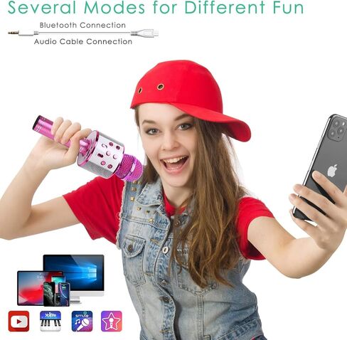 Wireless Bluetooth Microphone Karaoke for Kids, 5-in-1 Portable Handheld Karaoke Mic Speaker Player Recorder with Adjustable Remix FM Radio for Kids Girls Boys Teens Birthday (Pink) in Saudi Arabia