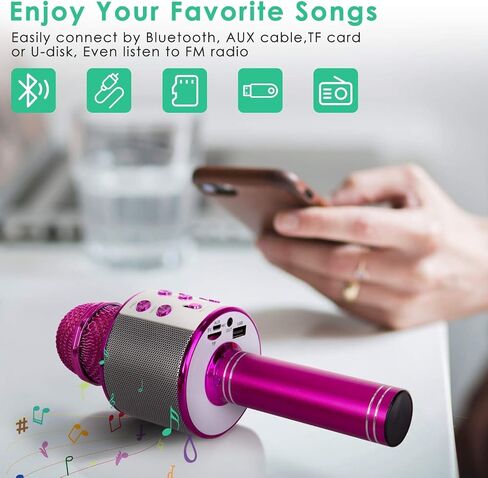 Wireless Bluetooth Microphone Karaoke for Kids, 5-in-1 Portable Handheld Karaoke Mic Speaker Player Recorder with Adjustable Remix FM Radio for Kids Girls Boys Teens Birthday (Pink) in Saudi Arabia