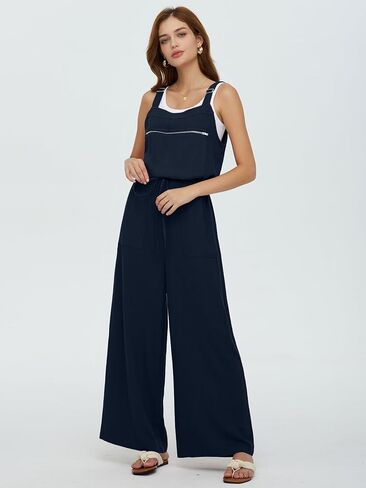 عميق SELF المرأة وزرة الصيف السببية فضفاضة أكمام بذلة قابل للتعديل الأشرطة واسعة الساق مريلة السراويل مع جيوب سستة in Kuwait