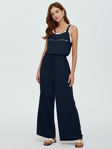 عميق SELF المرأة وزرة الصيف السببية فضفاضة أكمام بذلة قابل للتعديل الأشرطة واسعة الساق مريلة السراويل مع جيوب سستة in Kuwait