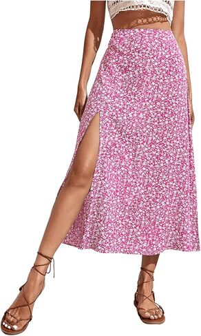 Floerns Women's Boho Ditsy Floral Print High Split Swing A Line Midi Skirt in Saudi Arabia