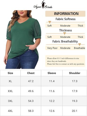 Agnes Orinda Plus Size Tops for Women V Neck Swiss Dots Puff Sleeve Shirts Loose Casual Blouses Tee Shirt in Saudi Arabia