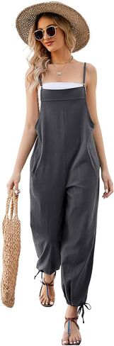 بذلة فضفاضة للسيدات من PEHMEA مصنوعة من القطن والكتان مع جيوب وبنطلون بحزام سباغيتي قابل للتعديل in Kuwait