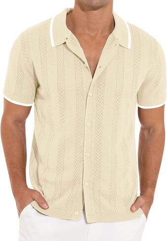 Men's Casual Button Down Shirt Short Sleeve Vintage Clothes Knit Polo Shirts Summer Beach Shirts in Kuwait