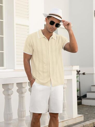 Men's Casual Button Down Shirt Short Sleeve Vintage Clothes Knit Polo Shirts Summer Beach Shirts in Kuwait