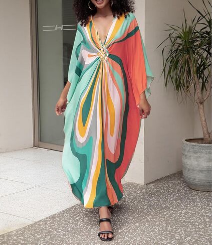 Bestyyou Women's Printed Long Caftans Swimsuit Cover Up Loungewear Ethnic Kaftan Maxi Beach Dress Swimwear Beachwear in Saudi Arabia